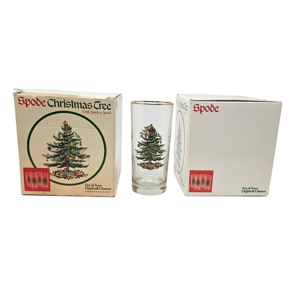 Vintage 90s Set of 8 Spode Christmas Tree High Ball Glasses Christmas Holiday